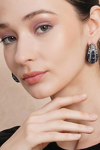 Black Rhodium Finish Blue Zircon Hoop Earrings by Ritu Singh