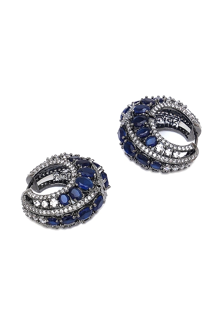 Black Rhodium Finish Blue Zircon Hoop Earrings by Ritu Singh at Pernia's Pop Up Shop