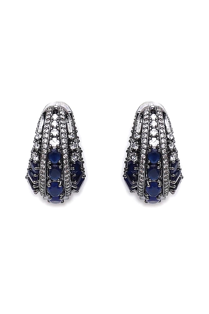 Black Rhodium Finish Blue Zircon Hoop Earrings by Ritu Singh at Pernia's Pop Up Shop