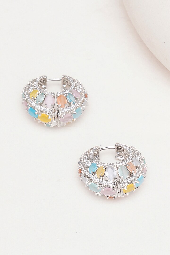 White Finish Multi-Colored Zircon Hoop Earrings by Ritu Singh at Pernia's Pop Up Shop
