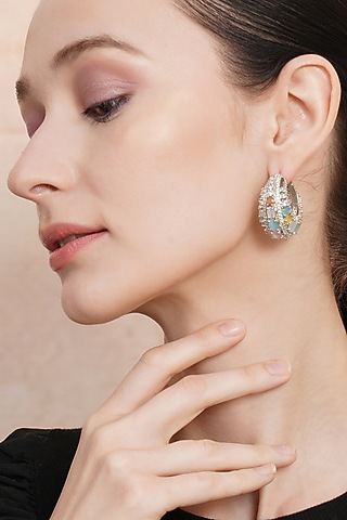 White Finish Multi-Colored Zircon Hoop Earrings by Ritu Singh