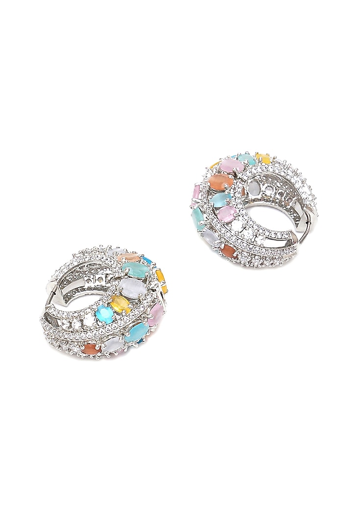 White Finish Multi-Colored Zircon Hoop Earrings by Ritu Singh at Pernia's Pop Up Shop