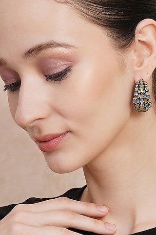 White Finish Multi-Colored Zircon Hoop Earrings by Ritu Singh