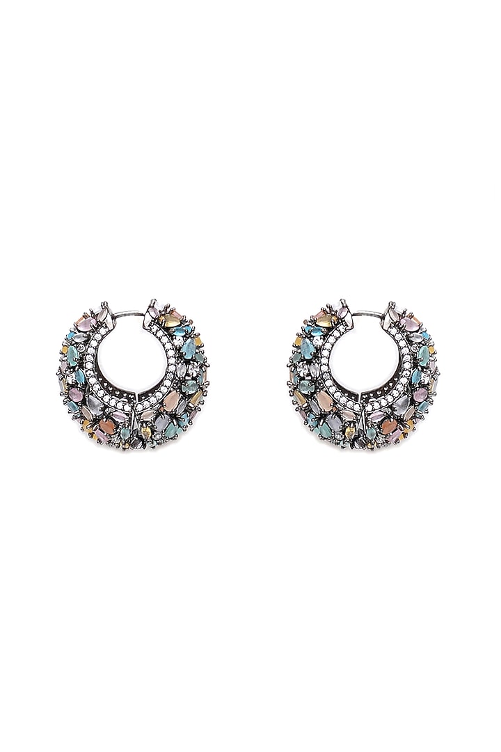 White Finish Multi-Colored Zircon Hoop Earrings by Ritu Singh at Pernia's Pop Up Shop