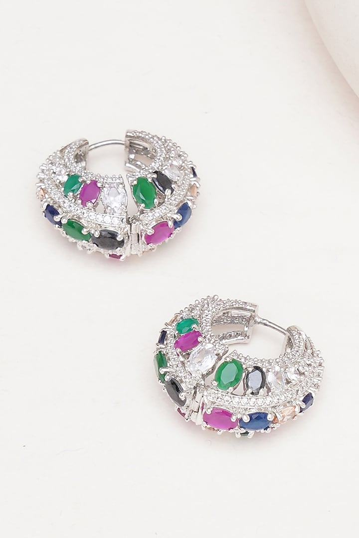 White Finish Multi-Colored Zircon Hoop Earrings by Ritu Singh at Pernia's Pop Up Shop