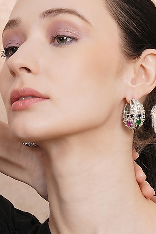 White Finish Multi-Colored Zircon Hoop Earrings by Ritu Singh