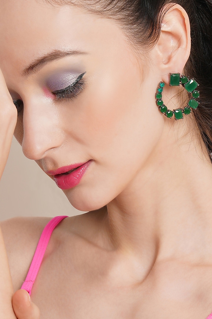 Black Rhodium Finish Emerald Stud Earrings by Ritu Singh