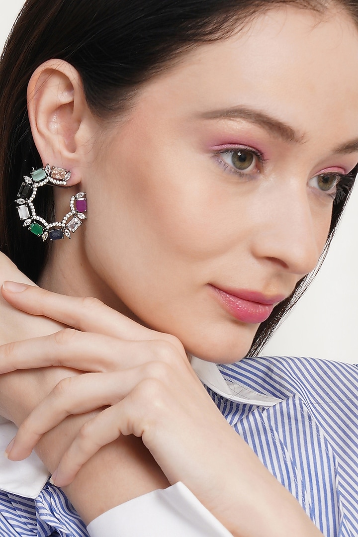 Black Rhodium Finish Multi-Colored Zircon Stud Earrings by Ritu Singh