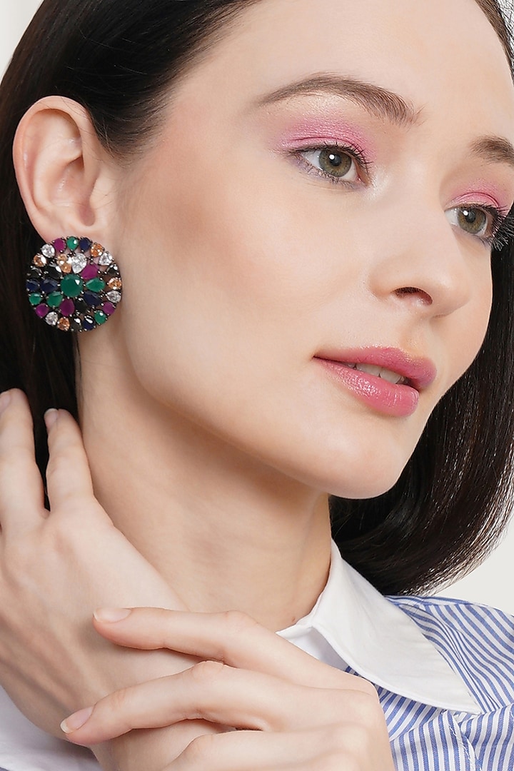Black Rhodium Finish Multi-Colored Zircon Stud Earrings by Ritu Singh