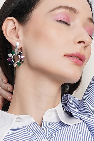 Black Rhodium Finish Multi-Colored Zircon Hoop Earrings by Ritu Singh