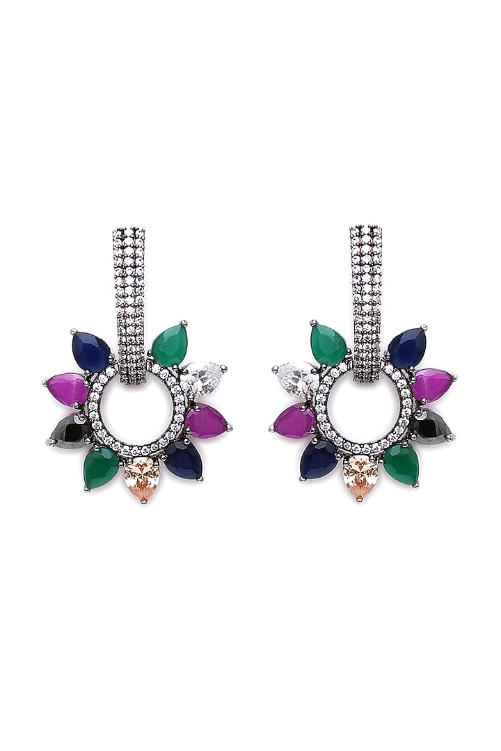 Black Rhodium Finish Multi-Colored Zircon Hoop Earrings by Ritu Singh at Pernia's Pop Up Shop