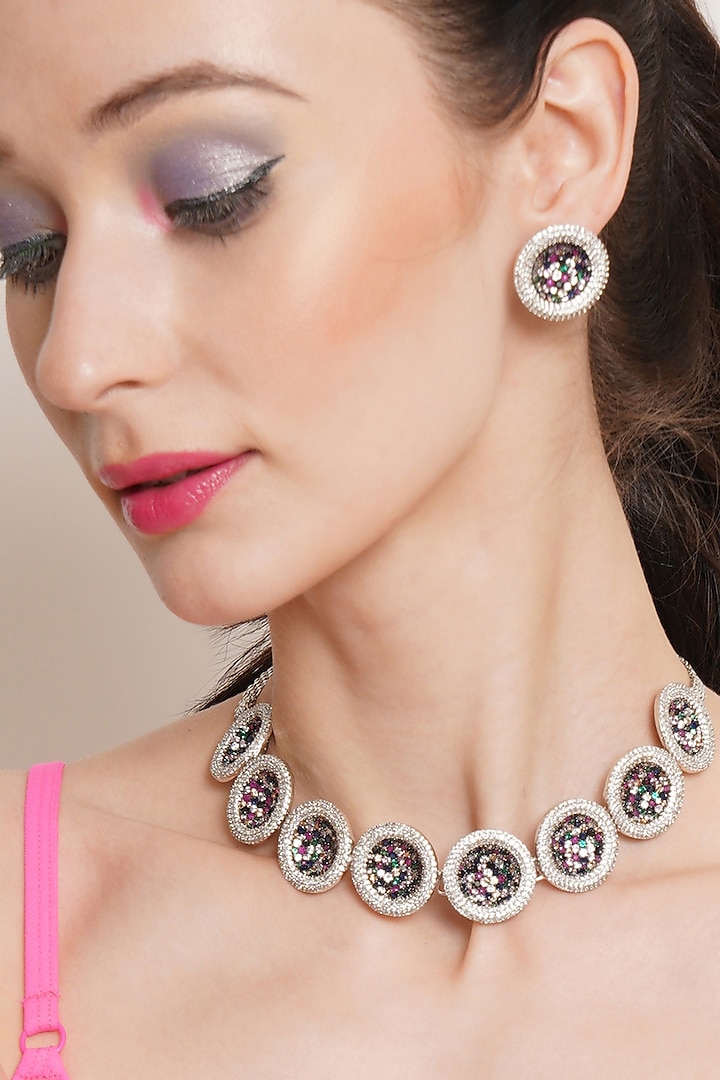 White Finish Multi-Colored Diamond & Zircon Necklace Set by Ritu Singh