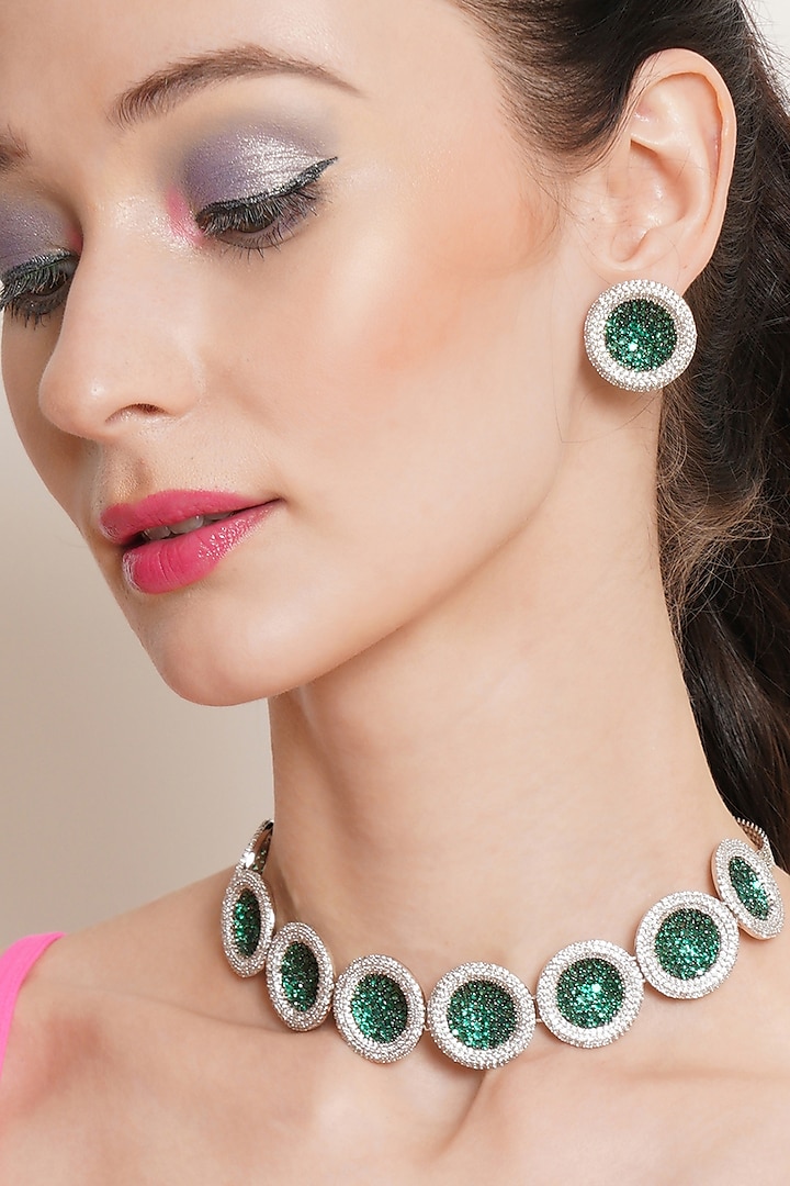 White Finish Jade & Zircon Necklace Set by Ritu Singh