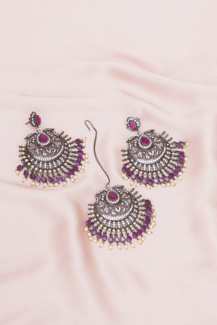 Black Rhodium Finish Maroon Stone & Zircon Dangler Earrings With Maangtikka by Ritu Singh at Pernia's Pop Up Shop