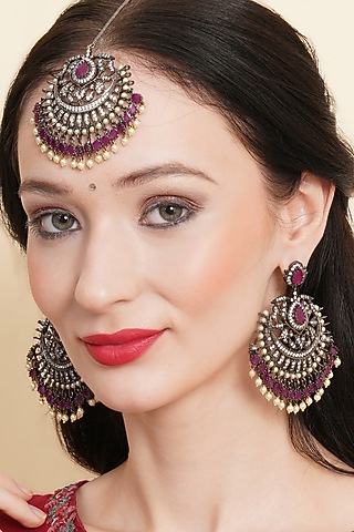 Black Rhodium Finish Maroon Stone & Zircon Dangler Earrings With Maangtikka by Ritu Singh