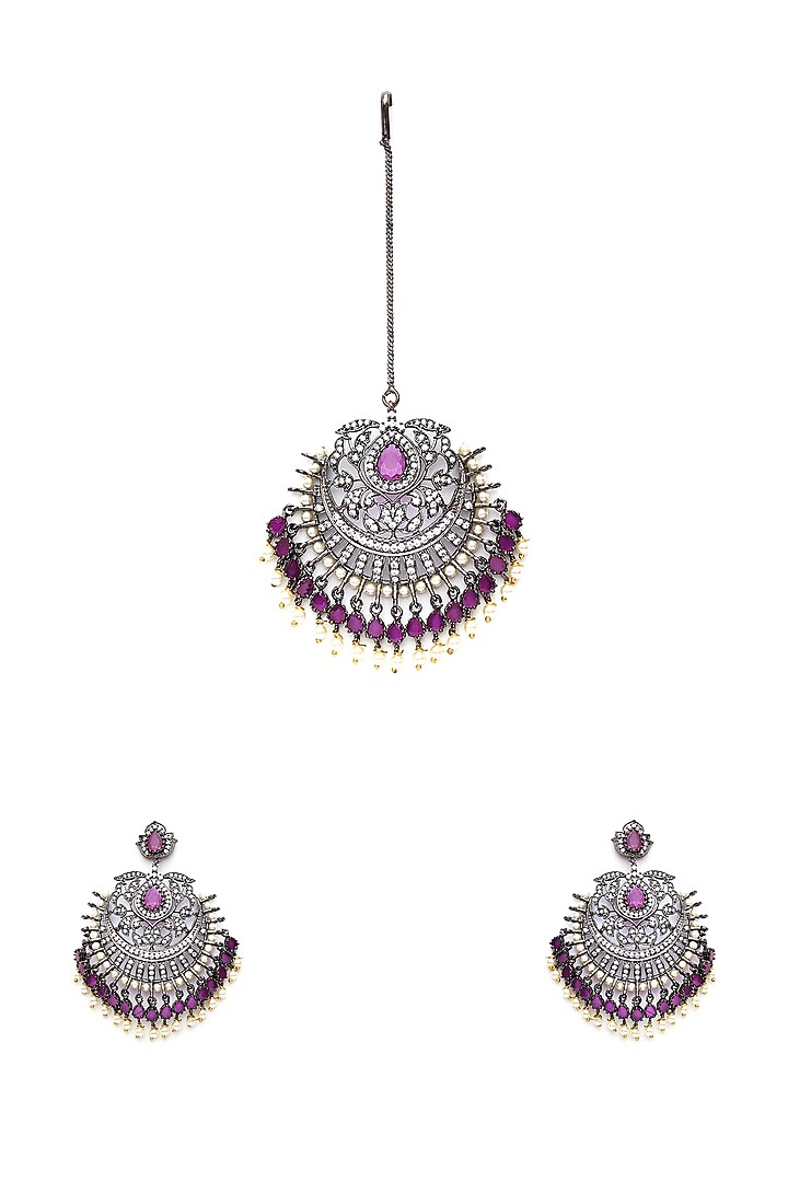 Black Rhodium Finish Maroon Stone & Zircon Dangler Earrings With Maangtikka by Ritu Singh at Pernia's Pop Up Shop