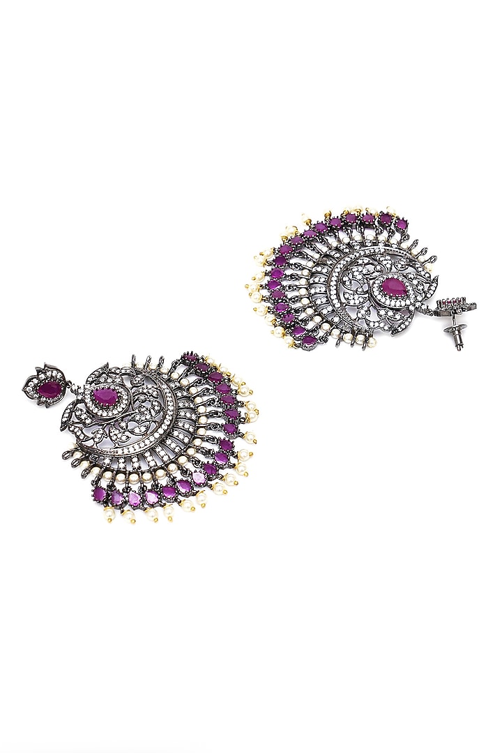 Black Rhodium Finish Maroon Stone & Zircon Dangler Earrings With Maangtikka by Ritu Singh at Pernia's Pop Up Shop