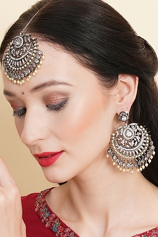 Black Rhodium Finish Zircon Dangler Earrings With Maangtikka by Ritu Singh