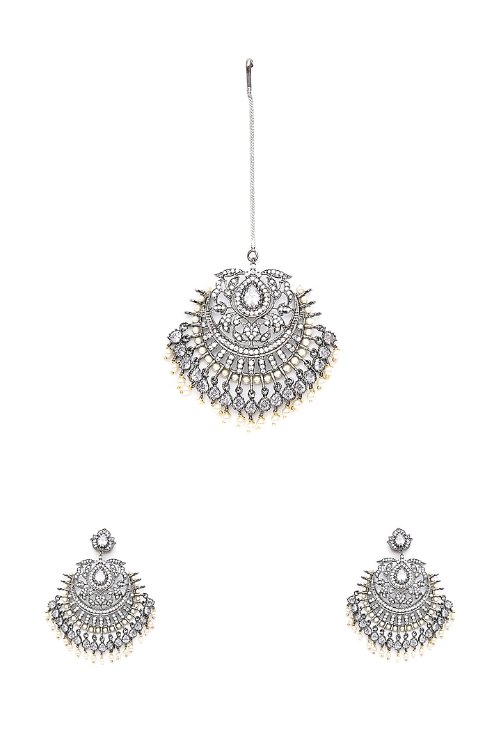 Black Rhodium Finish Zircon Dangler Earrings With Maangtikka by Ritu Singh at Pernia's Pop Up Shop