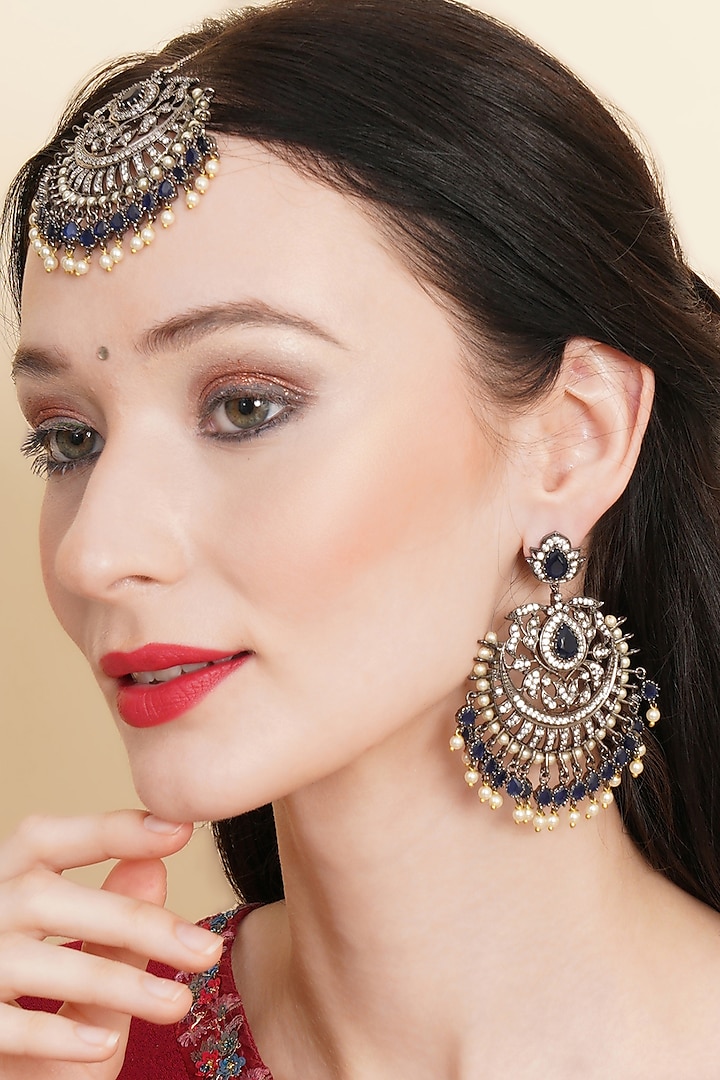 Black Rhodium Finish Blue Stone & Zircon Dangler Earrings With Maangtikka by Ritu Singh