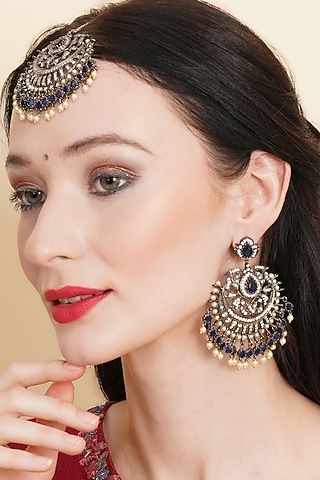 Black Rhodium Finish Blue Stone & Zircon Dangler Earrings With Maangtikka by Ritu Singh