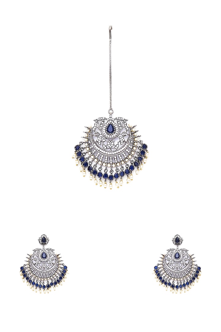 Black Rhodium Finish Blue Stone & Zircon Dangler Earrings With Maangtikka by Ritu Singh at Pernia's Pop Up Shop