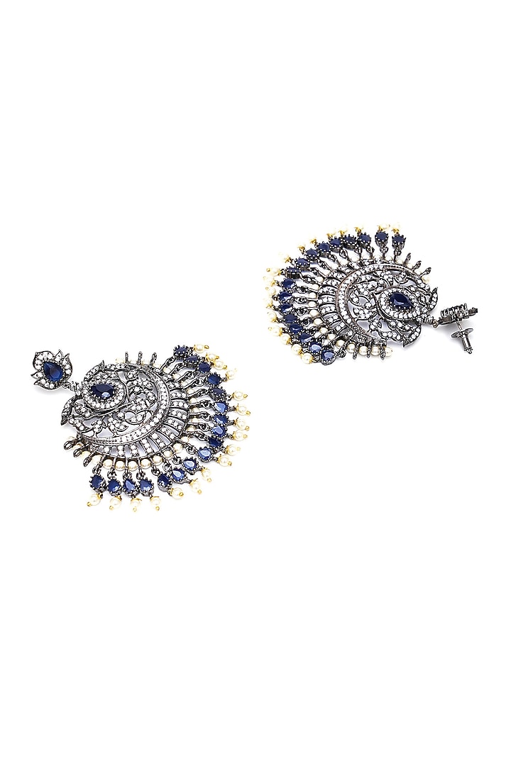 Black Rhodium Finish Blue Stone & Zircon Dangler Earrings With Maangtikka by Ritu Singh at Pernia's Pop Up Shop