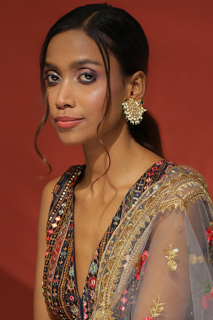 Gold Finish Kundan Polki Earrings by Ritu Singh