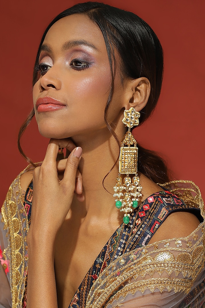 Gold Plated Kundan Polki Dangler Earrings by Ritu Singh