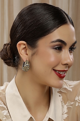 White Finish Yellow Zircon Hoop Earrings by Ritu Singh