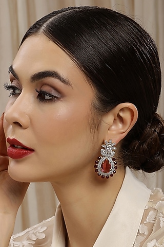White Finish Ruby & Diamond Dangler Earrings by Ritu Singh