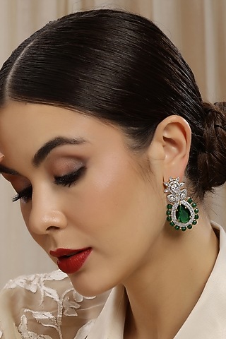 White Finish Emerald & Diamond Dangler Earrings by Ritu Singh