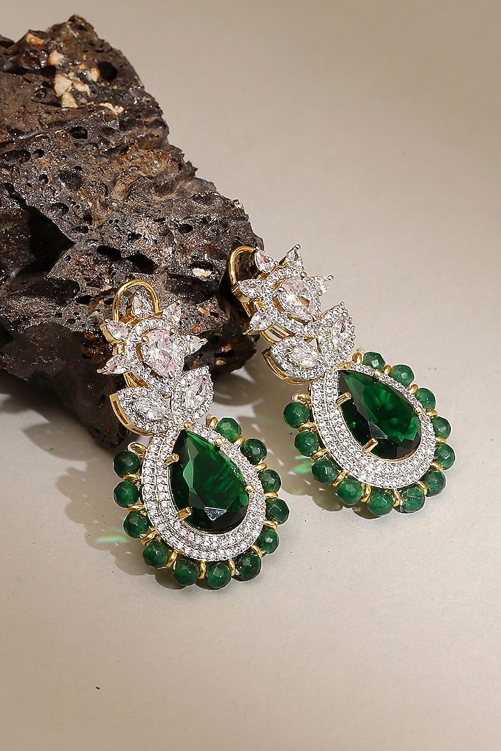 White Finish Emerald & Diamond Dangler Earrings by Ritu Singh at Pernia's Pop Up Shop