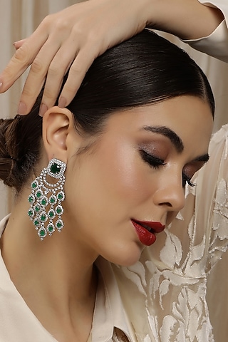 White Finish Zircon Chandelier Dangler Earrings by Ritu Singh
