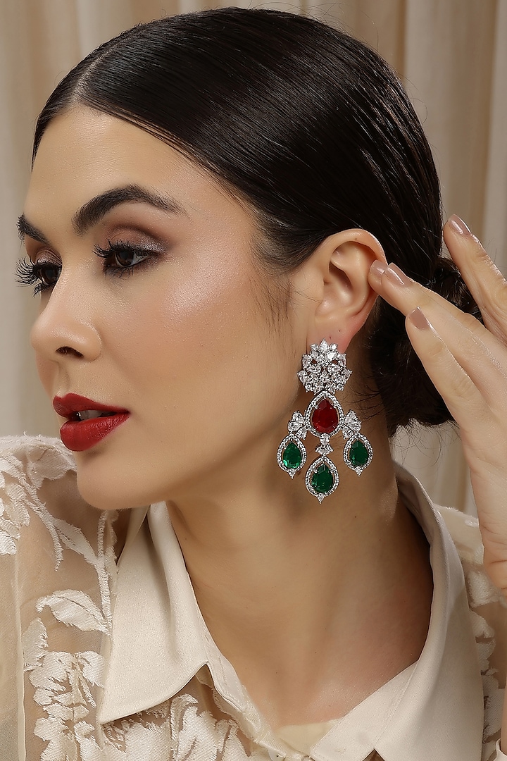 White Finish Diamond & Stone Dangler Earrings by Ritu Singh at Pernia's Pop Up Shop