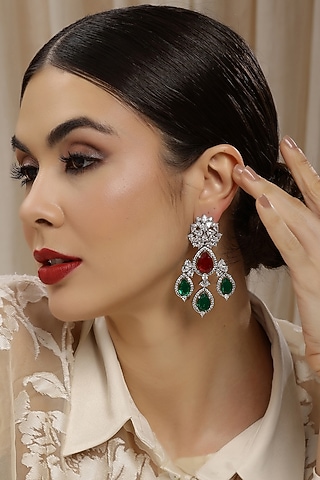 White Finish Diamond & Stone Dangler Earrings by Ritu Singh