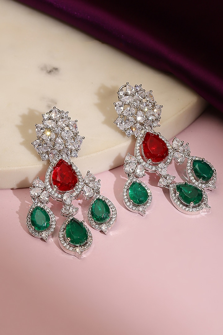 White Finish Diamond & Stone Dangler Earrings by Ritu Singh at Pernia's Pop Up Shop