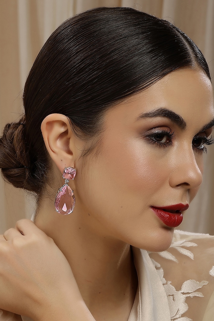 White Finish Pink Doublet Zircon Dangler Earrings by Ritu Singh at Pernia's Pop Up Shop