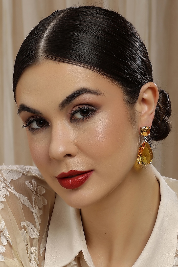 White Finish Yellow Doublet Zircon Dangler Earrings by Ritu Singh at Pernia's Pop Up Shop