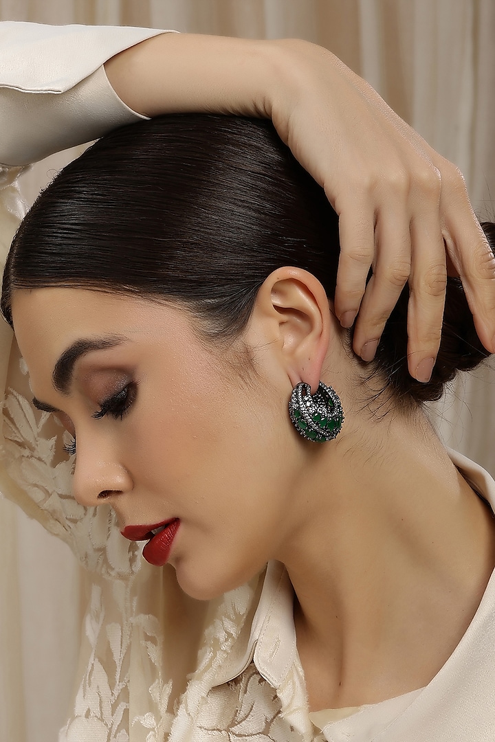 White Finish Green Zircon Hoop Earrings by Ritu Singh at Pernia's Pop Up Shop