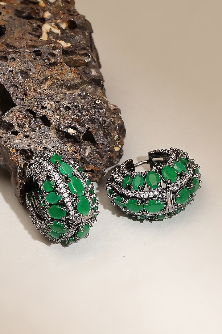 White Finish Green Zircon Hoop Earrings by Ritu Singh at Pernia's Pop Up Shop