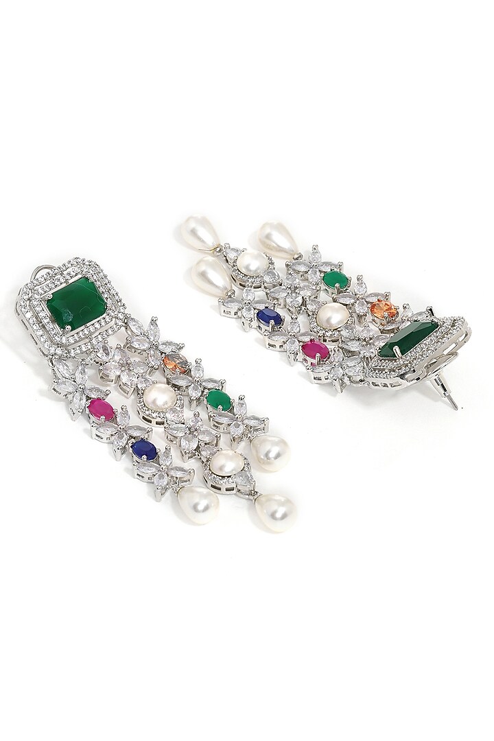 White Finish Multi-Colored Stone & Zircon Dangler Earrings by Ritu Singh at Pernia's Pop Up Shop