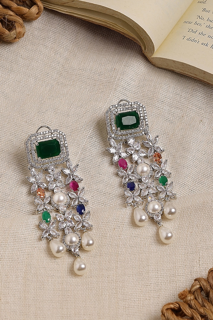 White Finish Multi-Colored Stone & Zircon Dangler Earrings by Ritu Singh at Pernia's Pop Up Shop