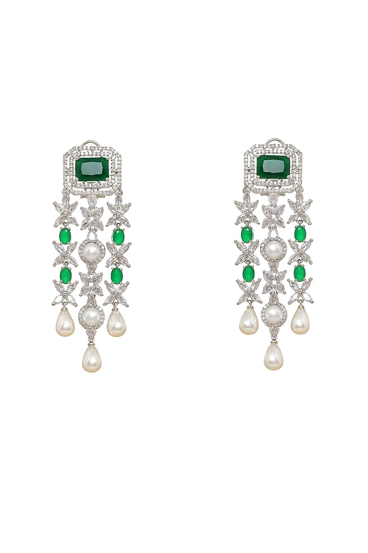 White Finish Emerald Stone & Zircon Dangler Earrings by Ritu Singh at Pernia's Pop Up Shop