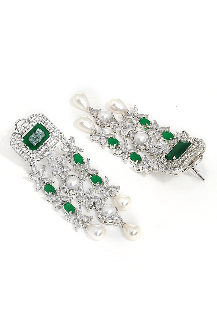 White Finish Emerald Stone & Zircon Dangler Earrings by Ritu Singh at Pernia's Pop Up Shop