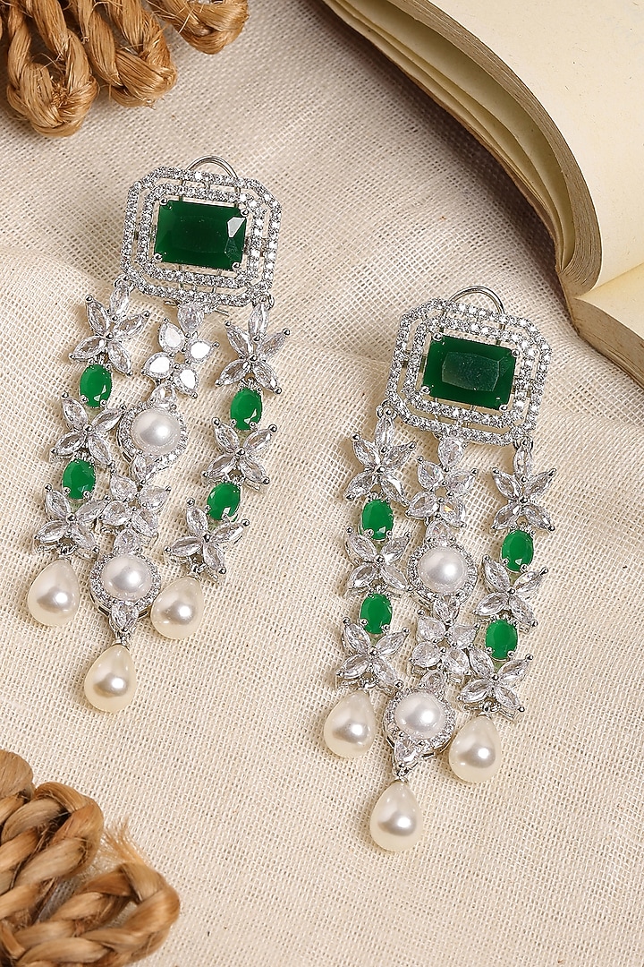 White Finish Emerald Stone & Zircon Dangler Earrings by Ritu Singh at Pernia's Pop Up Shop