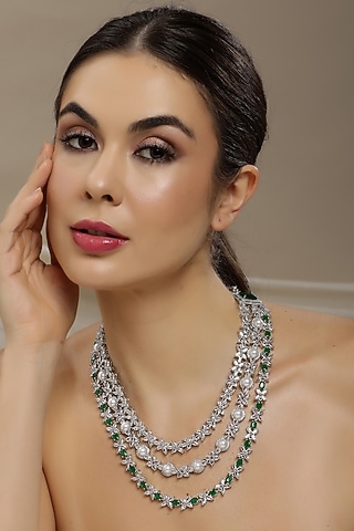 White Finish Emerald Stone & Diamond Long Layered Necklace by Ritu Singh