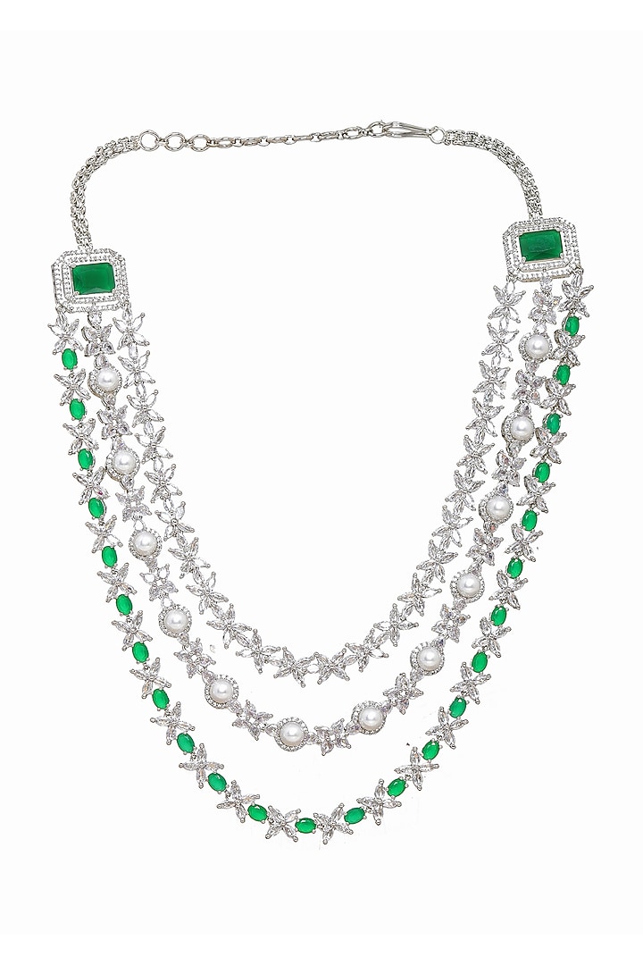 White Finish Emerald Stone & Diamond Long Layered Necklace by Ritu Singh at Pernia's Pop Up Shop