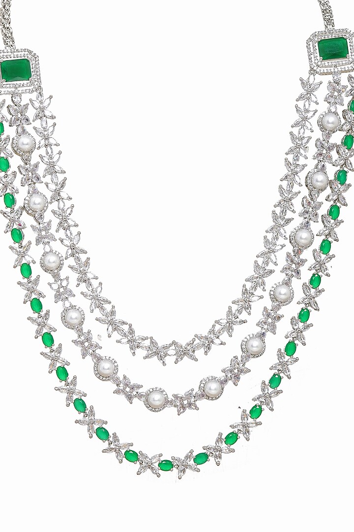 White Finish Emerald Stone & Diamond Long Layered Necklace by Ritu Singh at Pernia's Pop Up Shop