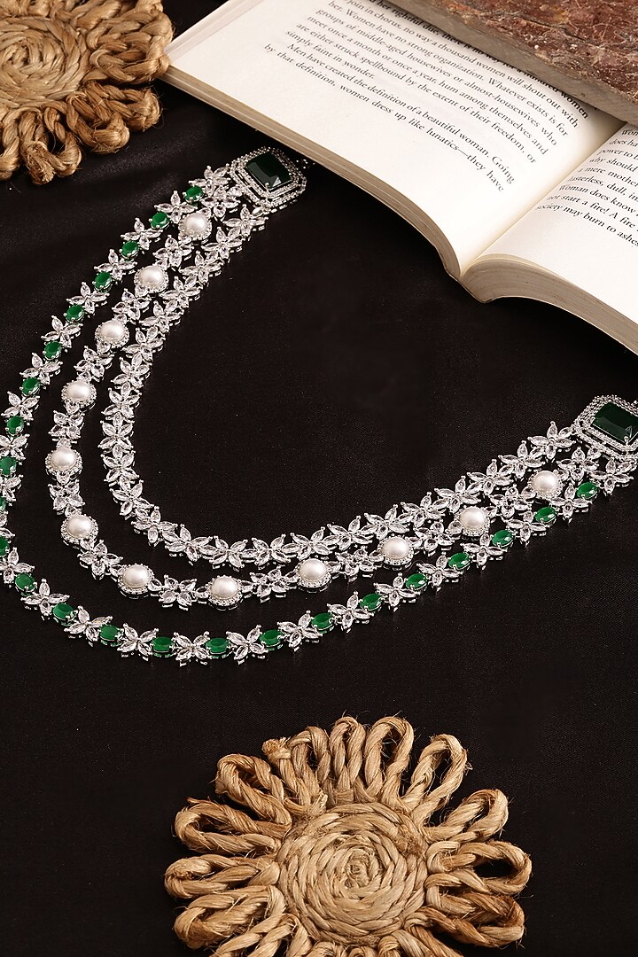 White Finish Emerald Stone & Diamond Long Layered Necklace by Ritu Singh at Pernia's Pop Up Shop
